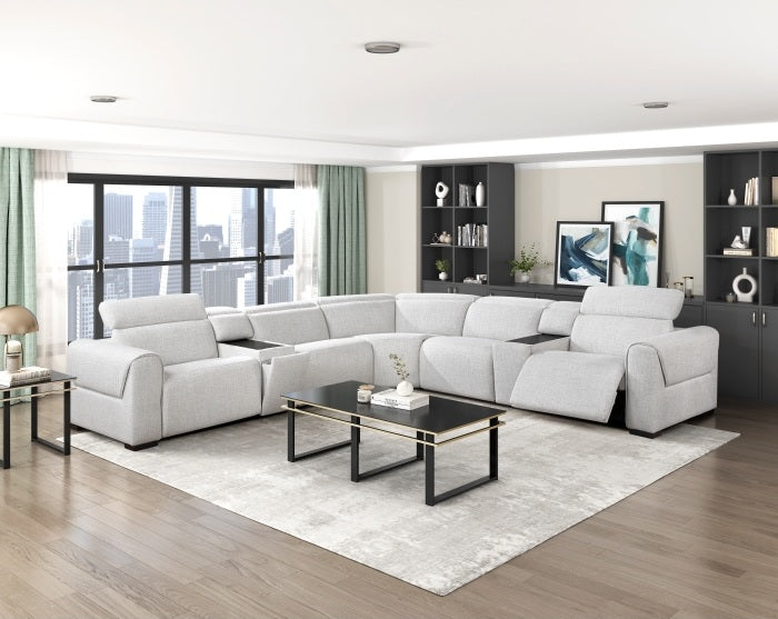 9455CLD-7LRRRPWH  7 pc McPherson cloud colored durable chenille fabric modular power reclining and power headrest sectional sofa