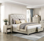 1312-4PC 4 pc Genoa light oak finish wood tufted ivory chenille fabric queen bedroom set storage drawers in footboard