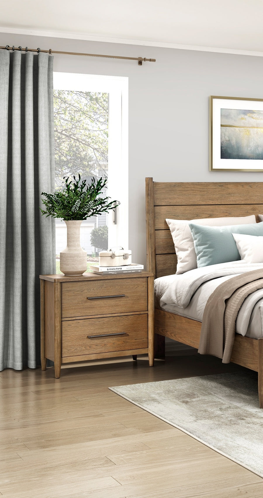 2386-4PC 4 pc Sonoma oak finish wood fabric padded headboard queen bedroom set