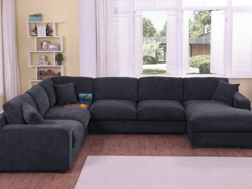 89295-1 4 pc Celine dark grey chenille fabric 128" modular sectional sofa set with chaise and cup holders wtih USB charging