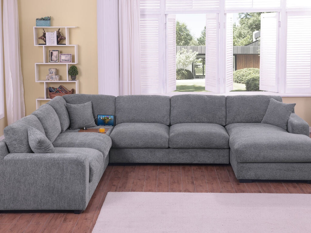 89297-1 4 pc Celine light grey chenille fabric 128" modular sectional sofa set with chaise and cup holders wtih USB charging