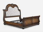B1610 4 pc Stanley rich brown finish wood fabric tufted upholstered headboard sleigh style bedroom set with marble tops