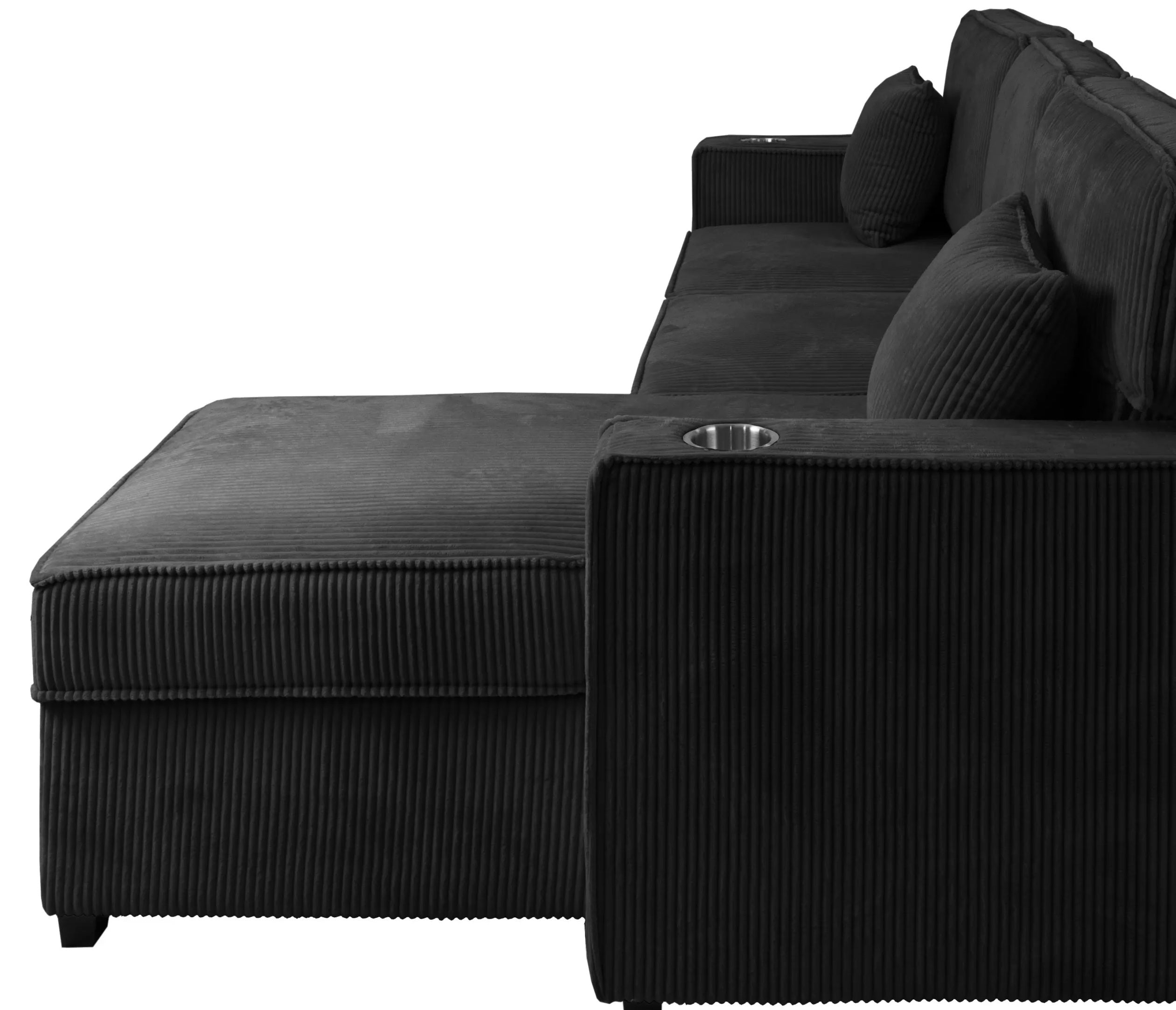 Poundex F8572 2 pc black corduroy sectional sofa set pull out sleep area with reversible pop up storage chaise cup holders and USB ports