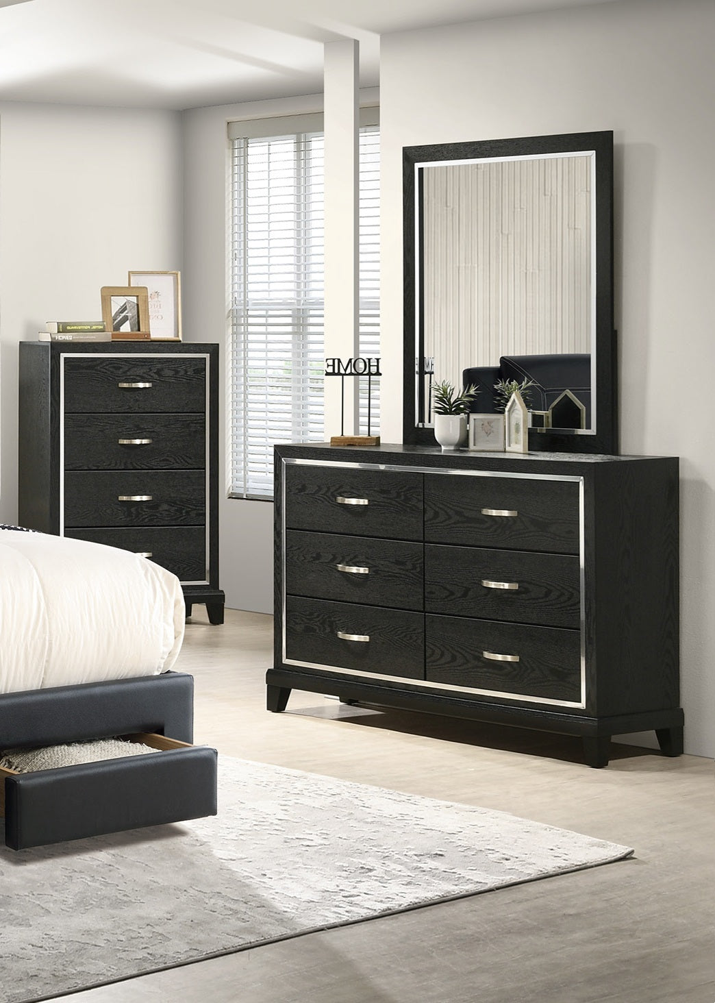 Poundex F9334Q 4 pc black faux leather padded queen bedroom set footboard drawers