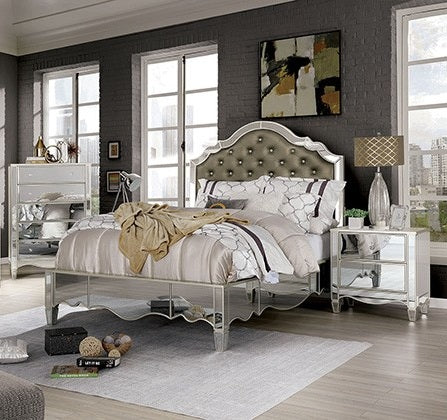 FOA7890-3PC 3 pc set Eliora silver fnish mirrored panels leatherette tufted headboard queen bedroom set