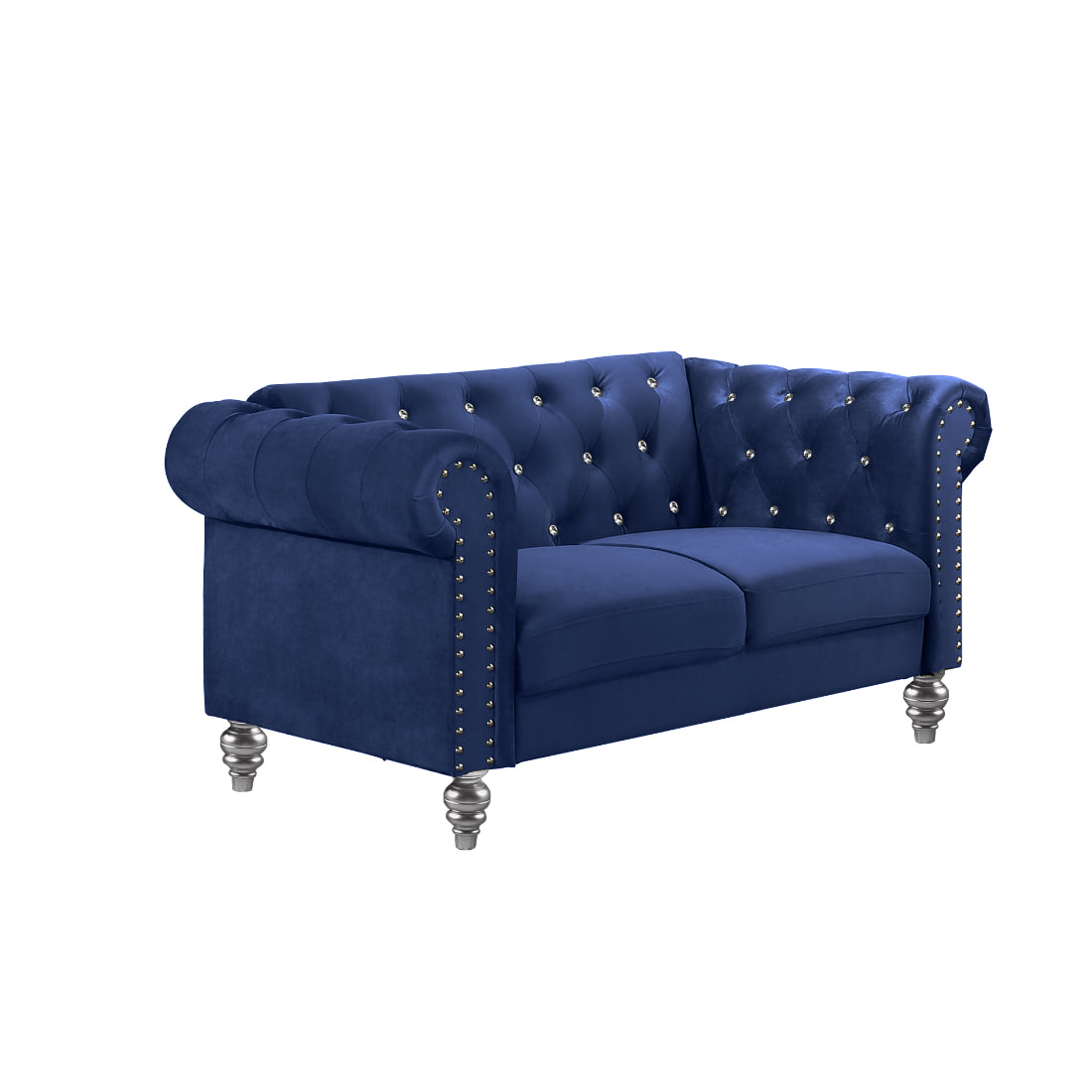 Emma Blue Velvet Crystal Button Tufted Sofa and Love Seat Set with Acrylic Legs & Nailhead Trim – 24-13CB-2PC