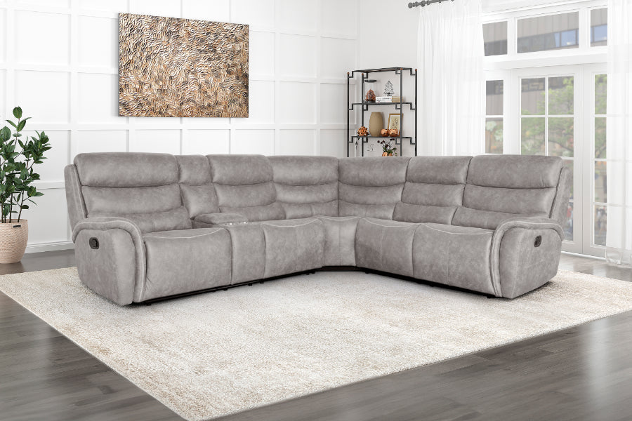Kamari-PW-Sect 3 pc Kamari dappled grey fabric sectional sofa set with power motion recliner ends and cup console with storage