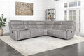 Kamari-Sect 3 pc Kamari dappled grey fabric sectional sofa set with recliner ends and cup console with storage