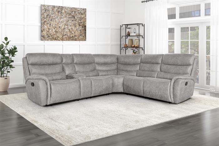 Kamari-Sect 3 pc Kamari dappled grey fabric sectional sofa set with recliner ends and cup console with storage
