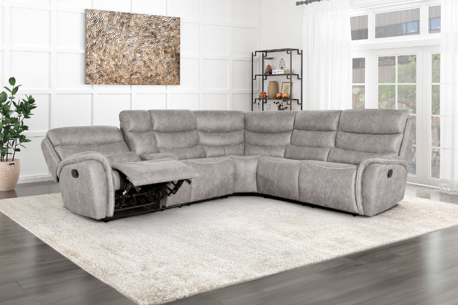 Kamari-PW-Sect 3 pc Kamari dappled grey fabric sectional sofa set with power motion recliner ends and cup console with storage