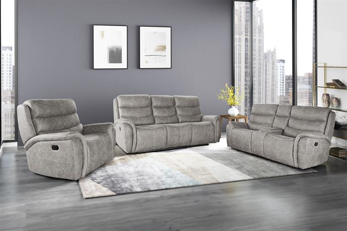 Kamari-SL 2 pc Chester dappled grey fabric sofa and love seat with recliner ends storage cup console on love seat