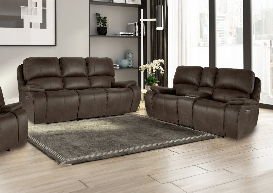 Brookings-BR-SL 2 pc Brookings brown leather like fabric sofa and love seat with recliner ends storage cup console on love seat