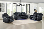 Orion Black Faux Leather Sofa and Love Seat Set with Recliner Ends, USB Charging & Drop-Down Table – OrionBK-SL