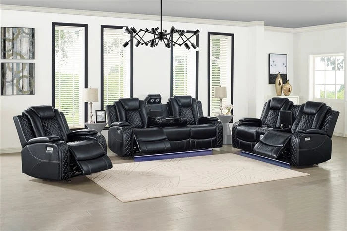 Orion Black Faux Leather Sofa and Love Seat Set with Recliner Ends, USB Charging & Drop-Down Table – OrionBK-SL
