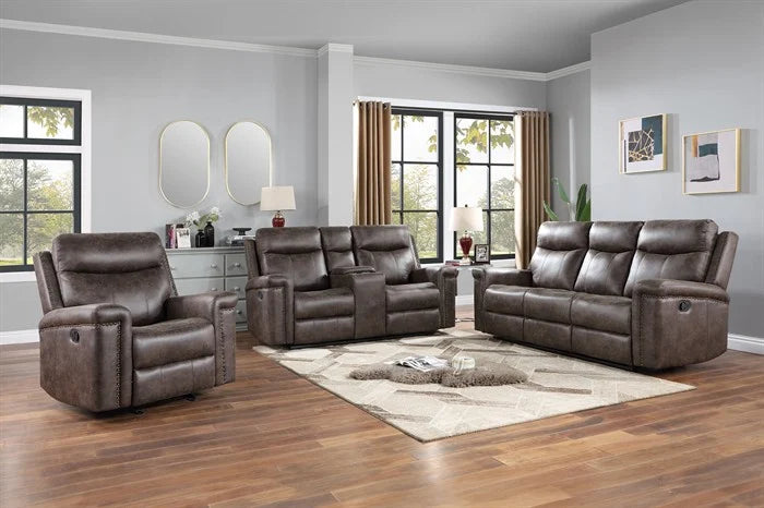 Quade Mocha Leather-Like Fabric 2-Pc Reclining Sofa & Love Seat Set with Cup Console & Storage – Quade-SL