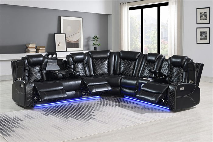 Orion Black Faux Leather 3-Piece Sectional Sofa Set with Recliner Ends, USB Charging & Drop-Down Table – OrionBK-Sect