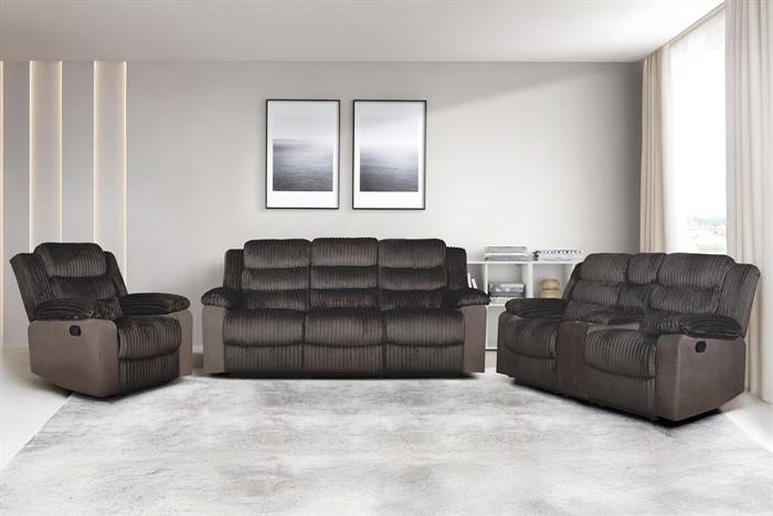 Willow-BR-SL 2 pc Willow brown wide furry corduroy fabric sofa and love seat with recliner ends storage cup console on love seat