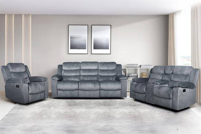 Willow-GR-SL 2 pc Willow grey wide furry corduroy fabric sofa and love seat with recliner ends storage cup console on love seat