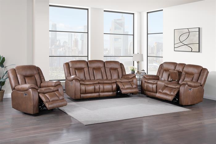 Morello-BR-SL 2 pc Morello brown faux leather sofa and love seat with recliner ends storage cup console storage arm on loveseat