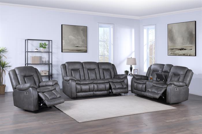 Morello-GY-PW-SL 2 pc Morello grey faux leather sofa and love seat with power motion recliner ends storage cup console storage arm on loveseat