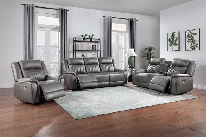 Enzo-SL 2 pc Chester grey leather sofa and love seat with recliner ends storage cup console on love seat
