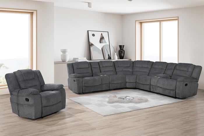 Redondo-PW-Sect 3 pc Redondo dark grey fabric sectional sofa set with power motion recliner ends and cup consoles with storage