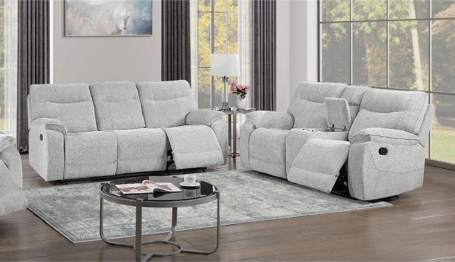 Chablis-SL 2 pc Chablis mist grey fabric sofa and love seat with recliner ends storage cup console on love seat
