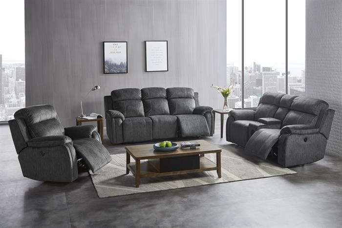 Tango-PW-SL 2 pc Tango shadow grey fabric sofa and love seat with power motions recliner ends storage cup console