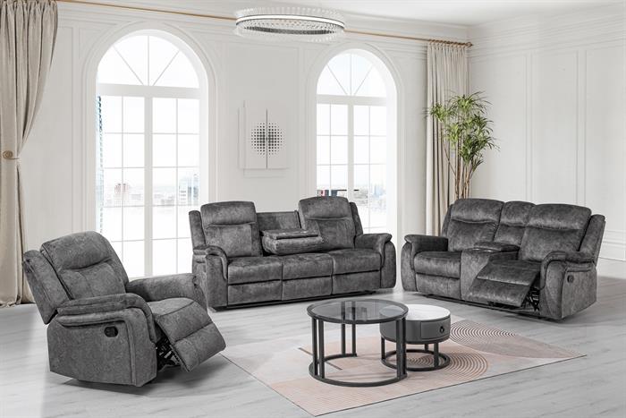 Park-City-PW-SL 2 pc Park City velvety slate grey sofa and love seat with power motion recliner ends storage cup console drop down tray table back sofa