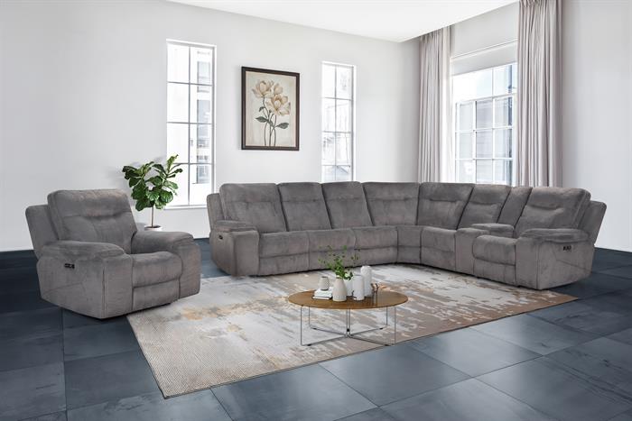 Teddy-PW-Sect 3 pc Teddy cloud grey fabric sectional sofa set with power motion recliner ends and cup console with storage power head rest and footrest