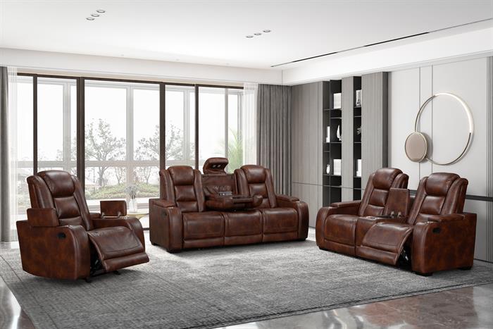 Chester-PW-SL 2 pc Chester brown leather like fabric sofa and love seat with power motion recliner ends storage cup console fold down tray table