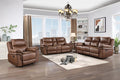 Ryland-PW-SL 2 pc Ryland brown leather like fabric sofa and love seat with power motions recliner ends storage cup console