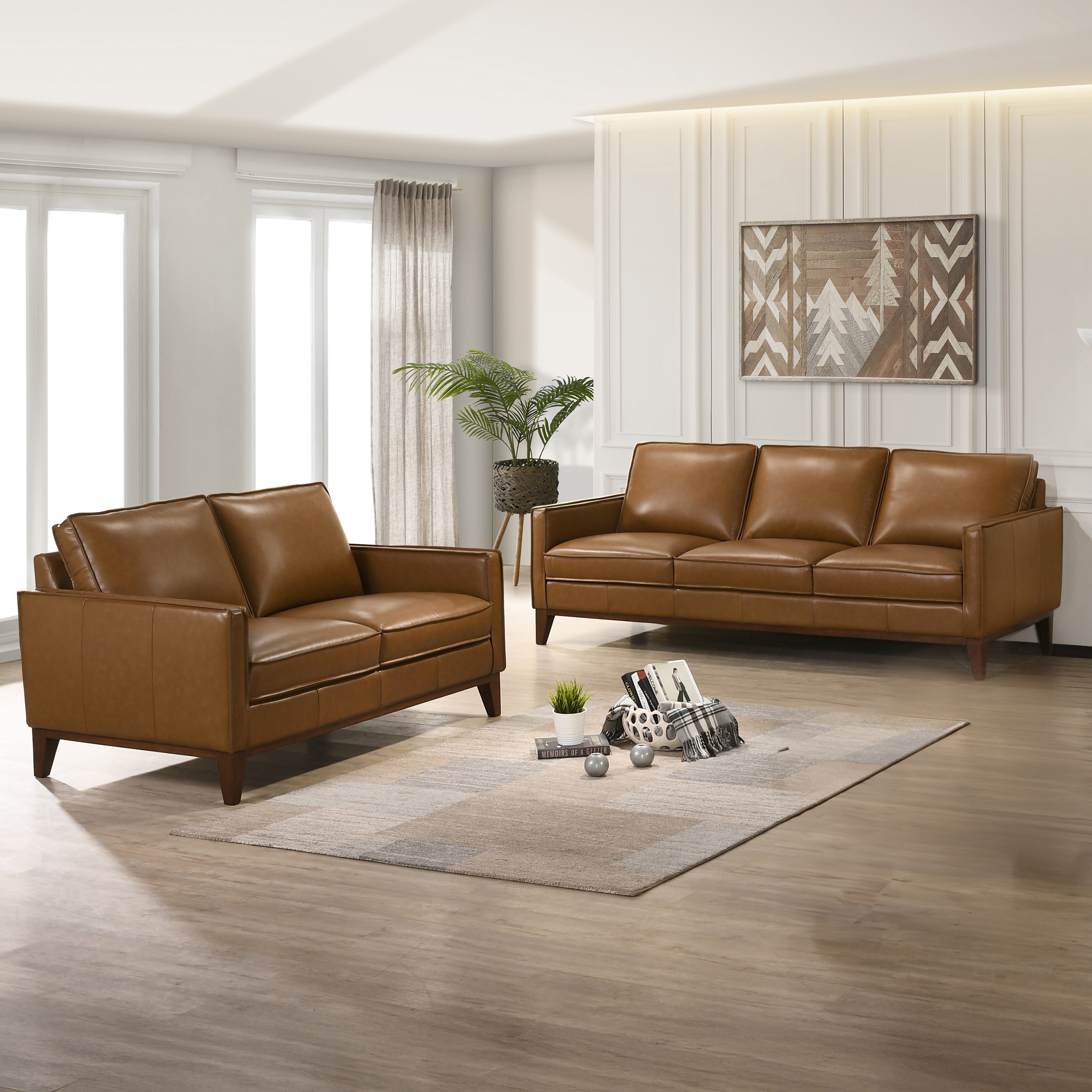 20-L1213-2NP 2 pc Caspar caramel brown top grain leather sofa and love seat with square arms