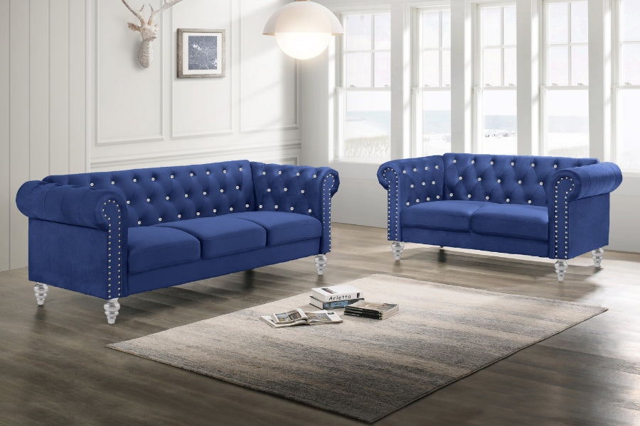 Emma Blue Velvet Crystal Button Tufted Sofa and Love Seat Set with Acrylic Legs & Nailhead Trim – 24-13CB-2PC