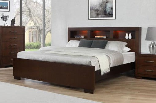 Coaster 200719 Jessica ii contemporary modern espresso finish wood queen bedroom set with storage headboard and LED lighting