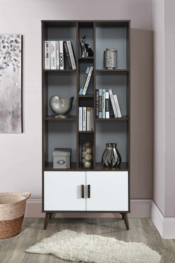 Mid Century Modern Tall Bookcase Shelf Unit – Two-Tone Walnut & White Wood Finish - 2012-DWW