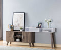 202745  White and Hazelnut finish wood sofa entry console table with 2 side cabinets and open storage areas