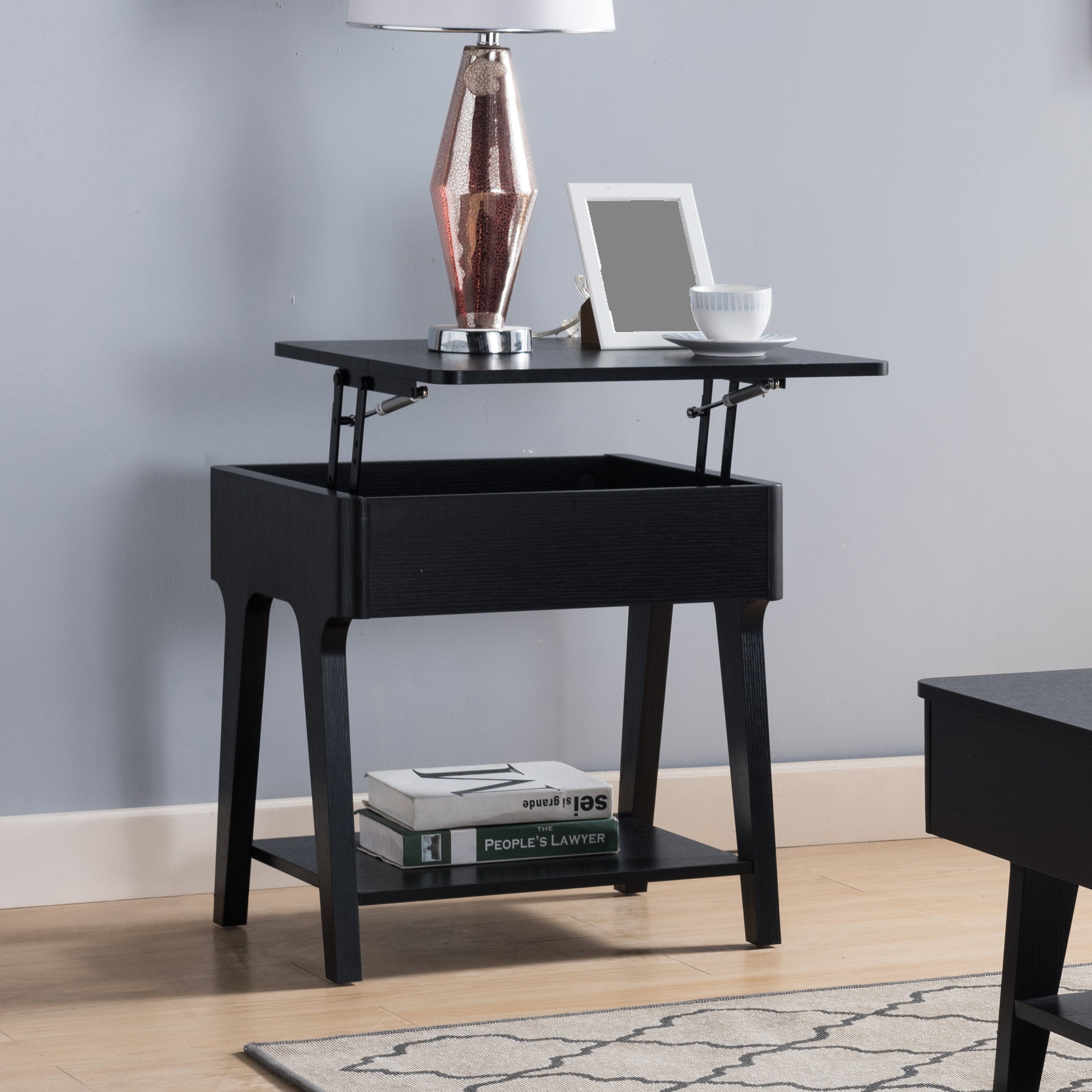 202829  Black finish wood chair side accent end table with lift top tray and lower shelf