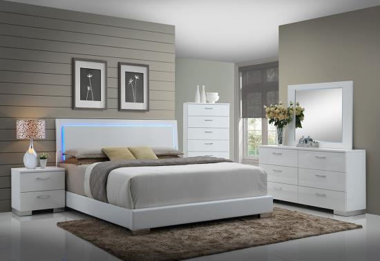 Coaster 203500Q-S4 4 pc felicity iii contemporary modern style glossy white / chrome finish wood queen bedroom set with led paneled headboard
