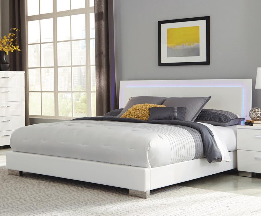 Coaster 203500 Felicity iii contemporary modern style glossy white / chrome finish wood queen bed with led paneled headboard