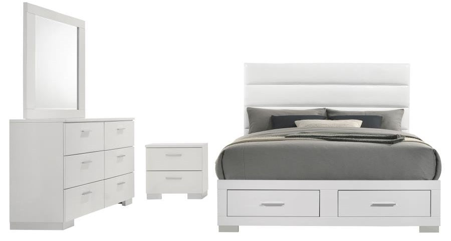 Coaster 203510Q-S4 4 pc Felicity high gloss white finish wood modern white faux leather tufted headboard queen bedroom set footboard drawers