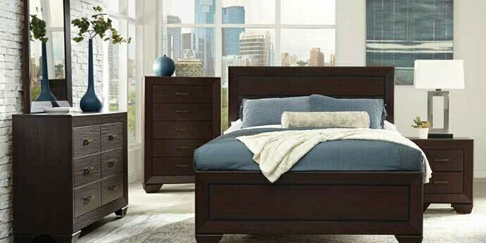 Coaster 204391Q 4 pc fenbrook dark cocoa finish wood and natural oak wood grain queen bed set