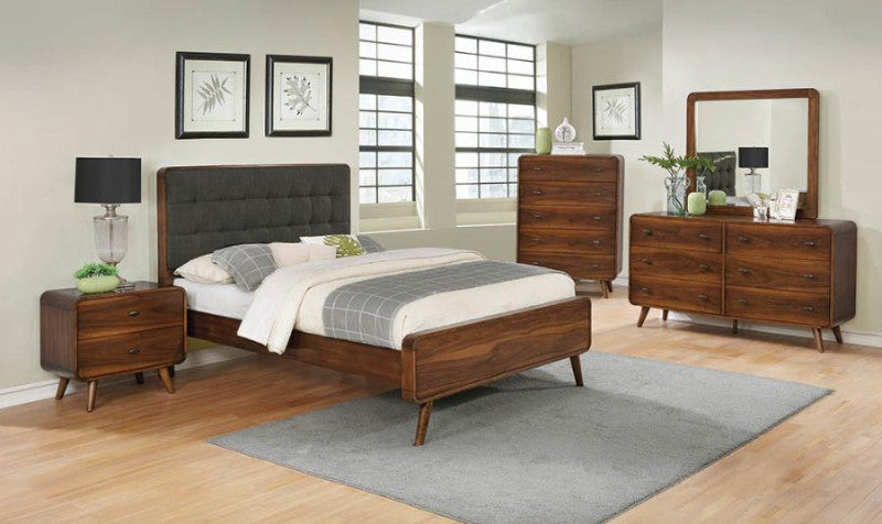 Coaster 205131Q 4 pc Robyn dark walnut finish wood mid century modern style queen tufted bedroom set