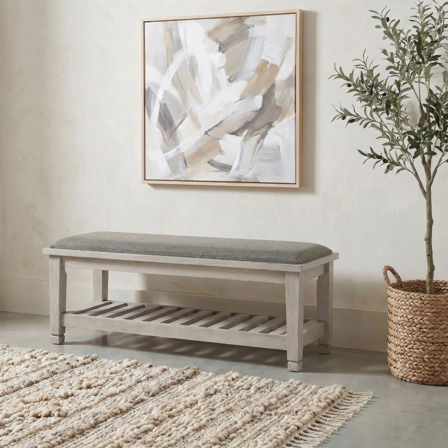 Franco Distressed White Finish Wood Padded Seat Bedroom Bench with Lower Shelf – 205337