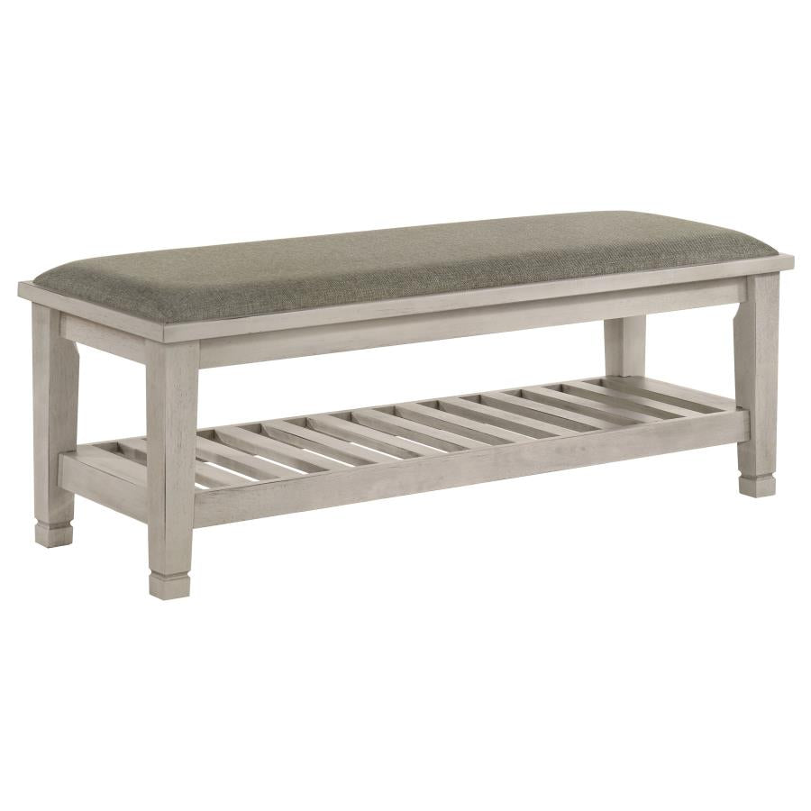 Franco Distressed White Finish Wood Padded Seat Bedroom Bench with Lower Shelf – 205337