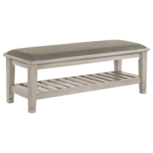 Franco Distressed White Finish Wood Padded Seat Bedroom Bench with Lower Shelf – 205337