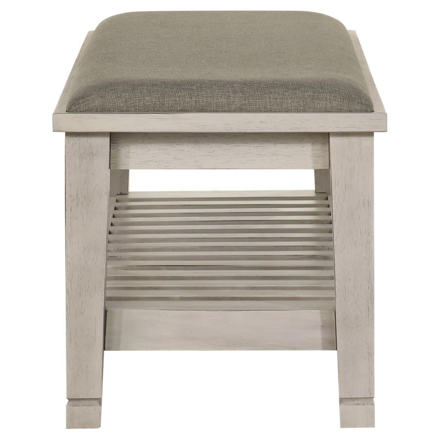 Franco Distressed White Finish Wood Padded Seat Bedroom Bench with Lower Shelf – 205337