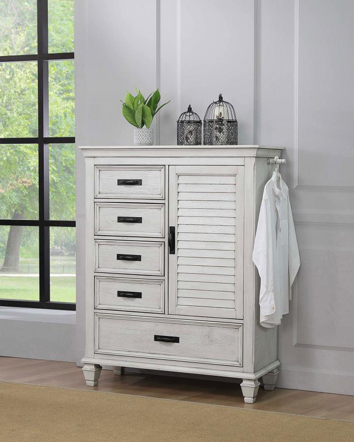 Franco Distressed White Finish Wood 5-Drawer Tall Door Chest – 205338