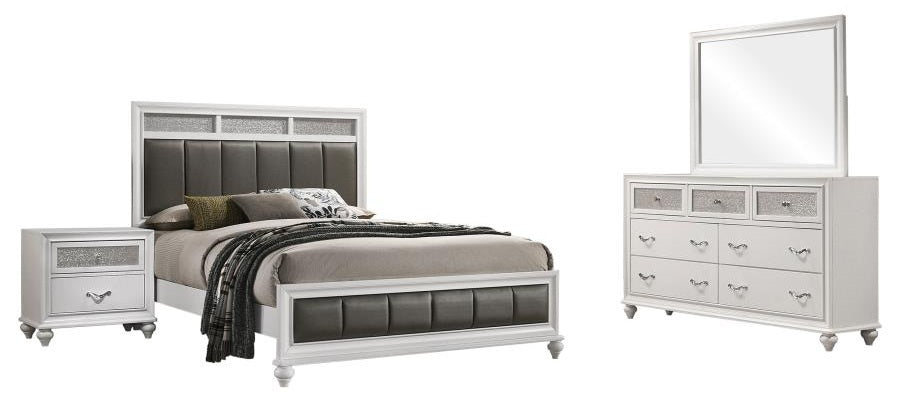 Coaster 205891Q 4 pc Rosdorf park ammelie barzini white finish wood metallic leatherette padded queen bedroom set faux crystal accents