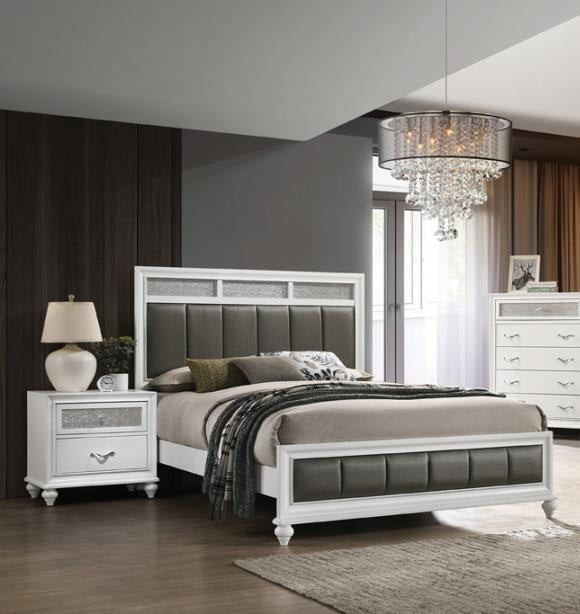 Coaster 205891Q 4 pc Rosdorf park ammelie barzini white finish wood metallic leatherette padded queen bedroom set faux crystal accents